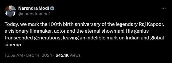 Raj Kapoor 100th Birthday: राज कपूर की 100वीं जयंती पर पीएम मोदी ने दी श्रद्धांजलि, उनके योगदान की सराहना की
